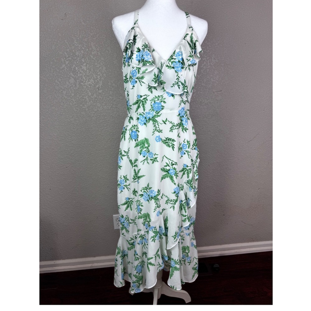 Disney Princess Floral Ruffle High Low Midi Dress White Blue Rose Halter Medium